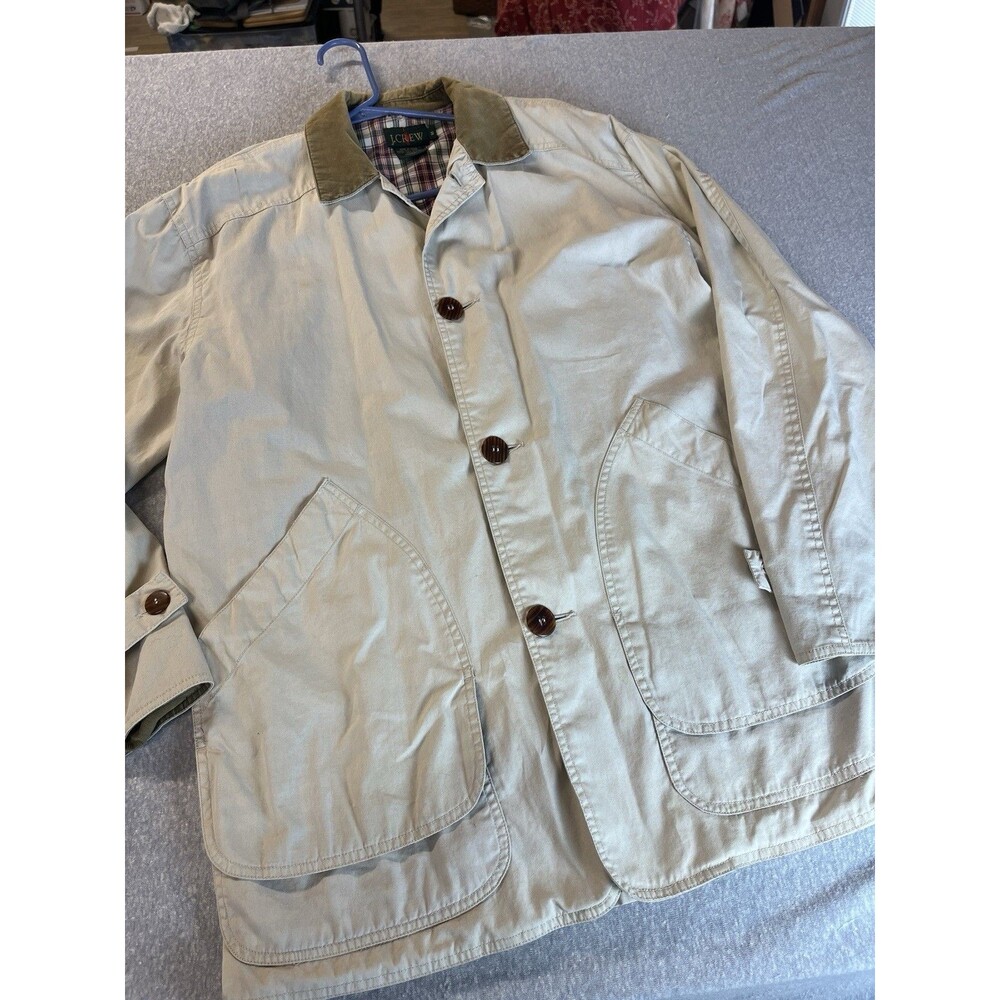 J Crew Chore Coat Oarsman Men’s Sm Cream Plaid Olive Corduroy Collar 90’s VTG